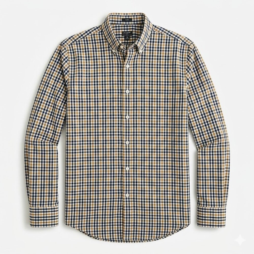 J.Crew Mens Medium Slim Fit Flex Wrinkle-Free Shirt Plaid Navy Green Gold Check